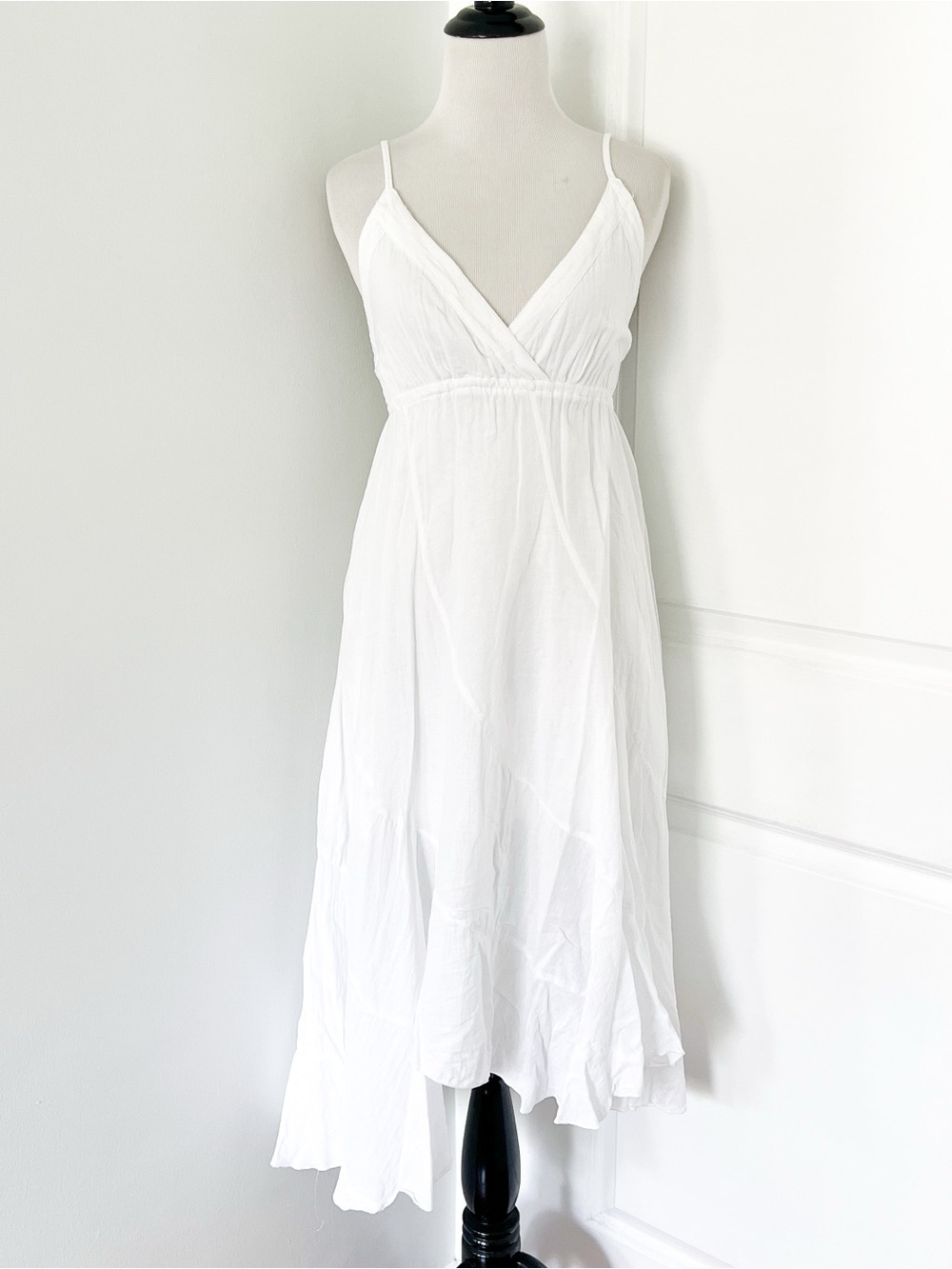 White Asymmetrical Spaghetti-Strap Flowy Cotton Dress